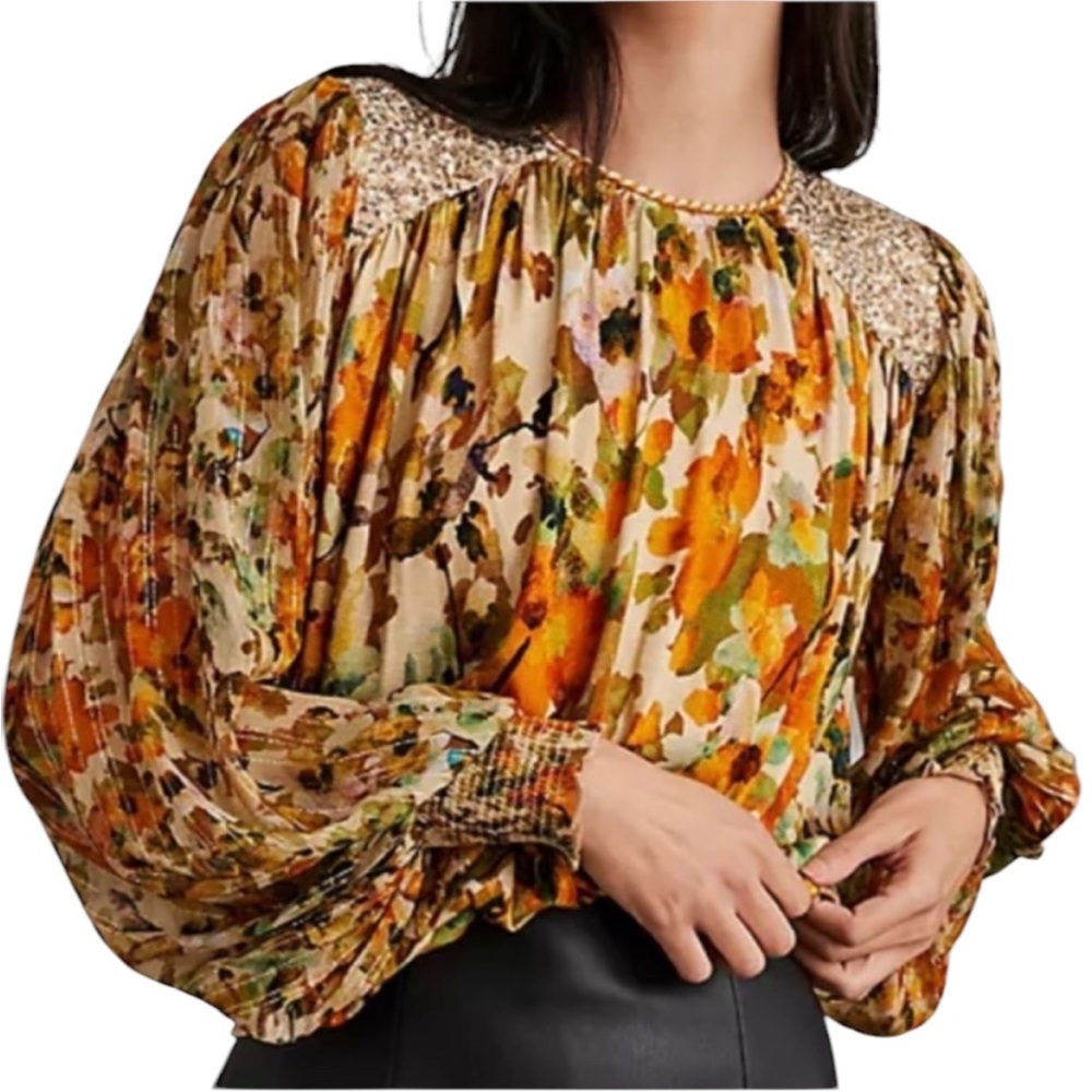 LN Anthropologie Bl^nk Floral Print Metallic Gold Sequin Balloon Sleeve Top - L